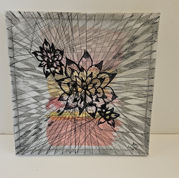 Hand Crafted unique pencil & sharpie on white canvas 3-D Upcycled artwork Floral - Picture 8 of 8